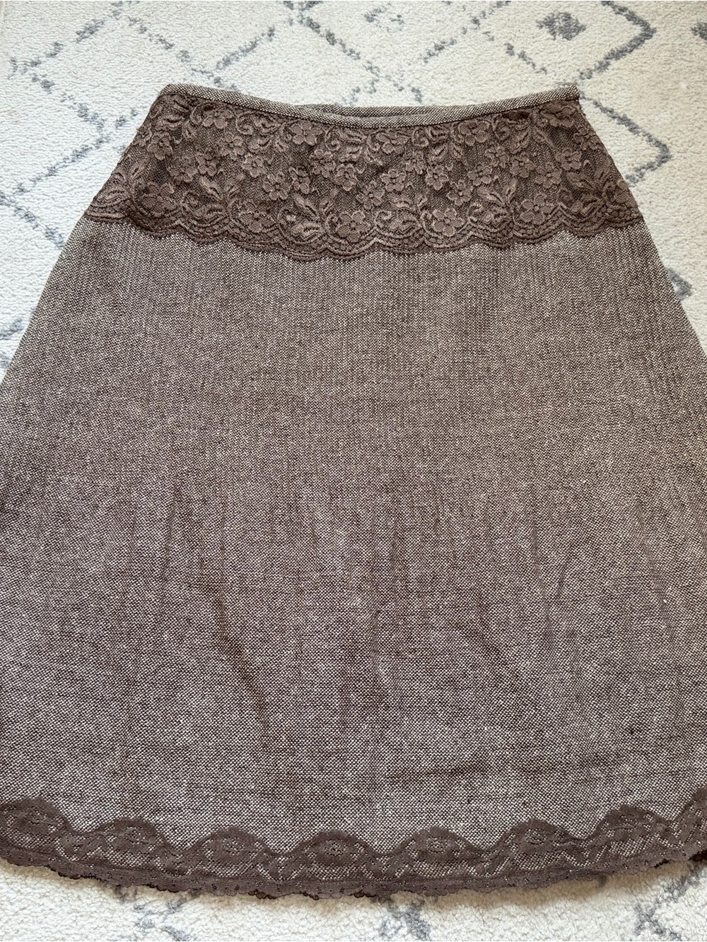 Brown Lace-Trim A-Line Knit Skirt - Women